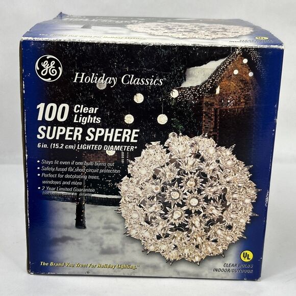 GE Super Sphere 100 Lights Clear Christmas Ball Holiday Classics 6” In/Outdoor - Picture 1 of 4
